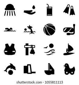 Solid vector icon set - shower vector, drop hand, drink, flippers, swimming, palm, ball, diving, life vest, ship bell, waves, windsurfing, dolphin, water power plant, sailboat toy, duck