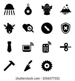 Solid vector icon set - shower vector, christmas ball, angel, mountains, deer hat, heart diagnosis, detour road sign, shield cross, tie, notebook wi fi, remote control, steel rolling, hammer, trowel
