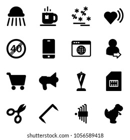 Solid vector icon set - shower vector, tea, christmas sale, heart beat, end speed limit road sign, phone, browser globe, user login, cart, megaphone, pennant, sim, scissors, staple, allen key set