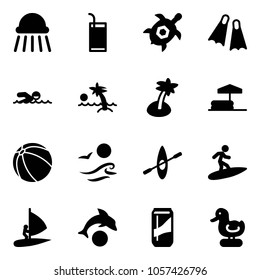 Solid vector icon set - shower vector, drink, sea turtle, flippers, swimming, palm, inflatable pool, ball, waves, kayak, surfing, windsurfing, dolphin, toy duck