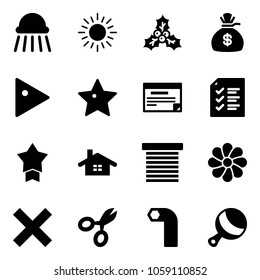 Solid vector icon set - shower vector, sun, holly, money bag, play, star, schedule, list, medal, home, jalousie, flower, delete, scissors, allen key, beanbag