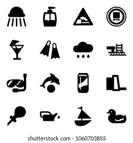 Solid vector icon set - shower vector, liquid soap, embankment road sign, no dangerous cargo, drink, flippers, rain cloud, pool, diving, dolphin, water power plant, oiler, sailboat toy, duck
