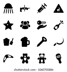 Solid vector icon set - shower vector, boarding passengers, syringe, wild animals road sign, star, group, key hand, fizz opening, bucket scoop, beer, screw, sickle, boomerang, bear toy, beanbag