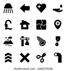 Solid vector icon set - shower vector, left arrow, heart, drop hand, pound, home, puzzle, atm map pin, mountains, ship bell, shell, piston, chevron, delete, scissors, allen key