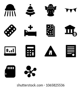 Solid vector icon set - shower vector, christmas tree, angel, flag garland, pills blister, hospital bed, breads, account, statistics, calculator, Road narrows sign, agreement, micro flash card