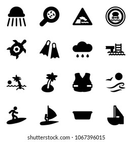 Solid vector icon set - shower vector, bacteria, embankment road sign, no dangerous cargo, sea turtle, flippers, rain cloud, pool, palm, life vest, waves, surfing, windsurfing, basin, sailboat toy