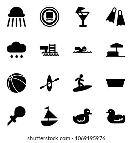 Solid vector icon set - shower vector, no dangerous cargo road sign, drink, flippers, rain cloud, pool, swimming, inflatable, ball, kayak, surfing, basin, oiler, sailboat toy, duck