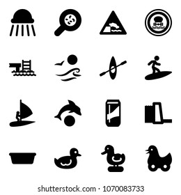 Solid vector icon set - shower vector, bacteria, embankment road sign, no dangerous cargo, pool, waves, kayak, surfing, windsurfing, dolphin, drink, water power plant, basin, duck toy