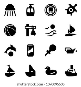 Solid vector icon set - shower vector, liquid soap, no dangerous cargo road sign, sea turtle, ball, ship bell, waves, windsurfing, dolphin, drink, oiler, sailboat toy, duck, boat