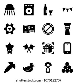Solid vector icon set - shower vector, wine, flag garland, heart gear, cash, no parking road sign, award, star medal, flags cross, fingerprint scanner, mobile phone, screw, duck toy, beanbag