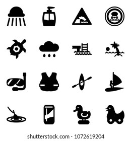Solid vector icon set - shower vector, liquid soap, embankment road sign, no dangerous cargo, sea turtle, rain cloud, pool, palm, diving, life vest, kayak, windsurfing, fishing, drink, toy duck