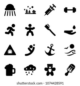 Solid vector icon set - shower vector, christmas landscape, syringe, barbell, run, gymnastics, tooth brush, drop hand, tunnel road sign, flying man, anchor, waves, beer, snow, bear toy, beanbag