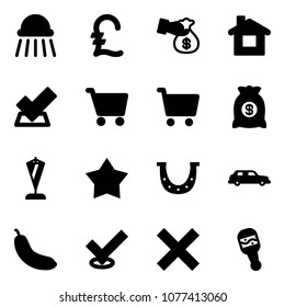 Solid vector icon set - shower vector, pound, encashment, home, check, cart, money bag, pennant, star medal, luck, limousine, banana, delete, beanbag