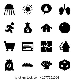 Solid vector icon set - shower vector, sun, merry christmas message, lungs, run, money bag, home, record, cart, schedule, puzzle, arrow up, limousine, shell, cube toy