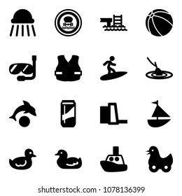 Solid vector icon set - shower vector, no dangerous cargo road sign, pool, ball, diving, life vest, surfing, fishing, dolphin, drink, water power plant, sailboat toy, duck, boat