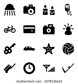 Solid vector icon set - shower vector, camera, candle, drop counter, bike, credit card, idea, key, limousine, starfish, volleyball, suitcase, clock, fine signal, scythe