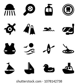 Solid vector icon set - shower vector, bacteria, liquid soap, no dangerous cargo road sign, sea turtle, flippers, swimming, diving, life vest, waves, kayak, fishing, sailboat toy, duck, boat