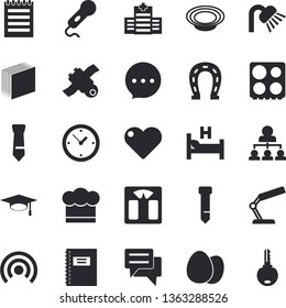 Solid vector icon set - shower flat vector, cook hat, electric stove, egg, dish, horseshoe, chat, hospital bed, sticker, reading lamp, tie, hierarchy, notepad, satellit, bachelor cap, notebook, key