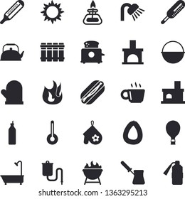 Solid vector icon set - shower flat vector, heating batteries, cauldron, teapot, potholder, turk, fire, toaster, temperature, barbecue, sausage, hot dog, mustard, sun, fireplace, medical warmer