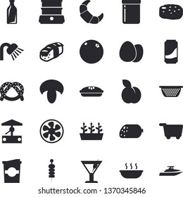 Solid vector icon set - shower flat vector, colander, double boiler, egg, bagel, croissant, sausage, mushroom, soup, pie, cutlet, sashimi, lemonade, cocktail, coffe, jam, plum, canape, orange, well