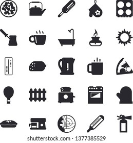 Solid vector icon set - shower flat vector, teapot, electric kettle, potholder, turk, stove, toaster, coffee machine, sausage, pizza, pie, tea, thermometer, sun, radiator, gas burner, balloon
