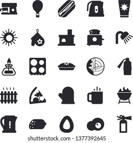 Solid Vector Icon Set - Shower Flat Vector, Electric Kettle, Potholder, Stove, Toaster, Coffee Machine, Barbecue, Sausage, Hot Dog, Pizza, Pie, Tea, Scrambled Eggs, Fireplace, Radiator, Gas Burner