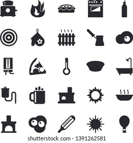 Solid vector icon set - shower flat vector, boiler, potholder, turk, electric stove, fire, induction cooker, toaster, pizza, soup, pie, scrambled eggs, mustard, thermometer, sun, fireplace, radiator