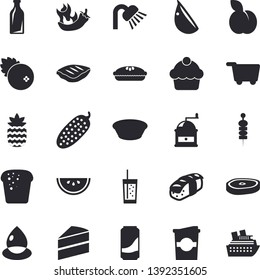 Solid vector icon set - shower flat vector, cake, coffee grinder, bread, watermelon, soup, pie, chop, garlic, hot peppers, cucumber, sashimi, lemonade, soda, coffe, cranberry, pineapple, plum, drop