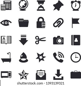 Solid vector icon set - shower flat vector, calculator, microwave, drop, phone call, computer file, spark, pushpin, camera fector, scissors, download, clip, hourglass, message, clock, lock, alarm