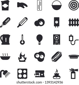 Solid vector icon set - shower flat vector, boiler, cauldron, electric kettle, potholder, stove, induction cooker, coffee machine, temperature, hot dog, soup, coffe, scrambled eggs, thermometer