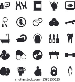 Solid vector icon set - shower flat vector, egg, legumes, pond, disabled, headache, diagnostics, ampoule, ultrasound, embryo, tomograph, chromosomes, tooth, bone fracture, dumbbell, weight, pills