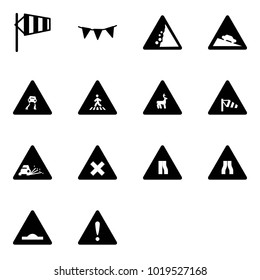 Solid vector icon set - side wind vector, flag garland, landslide road sign, steep descent, slippery, pedestrian, wild animals, gravel, railway intersection, narrows, artificial unevenness