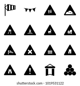 Solid vector icon set - side wind vector, flag garland, oncoming traffic road sign, steep descent, slippery, pedestrian, wild animals, railway intersection, narrows, attention, pennant