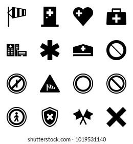 Solid vector icon set - side wind vector, first aid room, heart, doctor bag, hospital building, ambulance star, hat, prohibition road sign, no parkin odd, pedestrian, shield cross, flags, delete