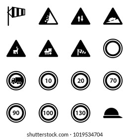 Solid vector icon set - side wind vector, landslide road sign, oncoming traffic, climb, wild animals, railway intersection, prohibition, no truck, speed limit 10, 20, 70, 90, 100, 130