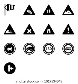 Solid vector icon set - side wind vector, multi lane traffic road sign, oncoming, steep descent, gravel, railway intersection, narrows, attention, no car, truck, speed limit 130, bus