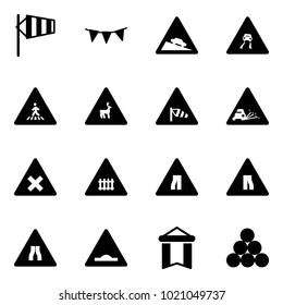 Solid vector icon set - side wind vector, flag garland, steep descent road sign, slippery, pedestrian, wild animals, gravel, railway intersection, narrows, artificial unevenness, pennant