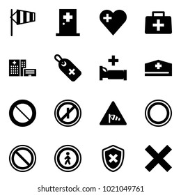 Solid vector icon set - side wind vector, first aid room, heart, doctor bag, hospital building, medical label, bed, hat, prohibition road sign, no parking odd, pedestrian, shield cross, delete