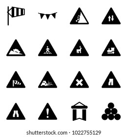Solid vector icon set - side wind vector, flag garland, landslide road sign, oncoming traffic, steep descent, pedestrian, wild animals, railway intersection, gravel, narrows, attention, pennant