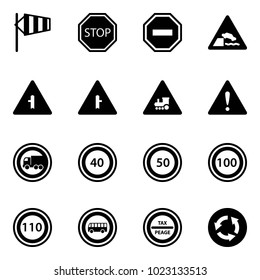 Solid vector icon set - side wind vector, stop road sign, no way, embankment, intersection, railway, attention, truck, speed limit 40, 50, 100, 110, bus, tax peage, circle