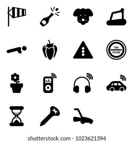 Solid vector icon set - side wind vector, champagne, dog, treadmill, push ups, sweet pepper, traffic light road sign, tax peage, flower pot, music player, wireless headphones, car, sand clock, screw