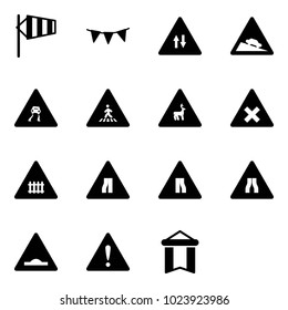 Solid vector icon set - side wind vector, flag garland, oncoming traffic road sign, steep descent, slippery, pedestrian, wild animals, railway intersection, narrows, artificial unevenness, attention