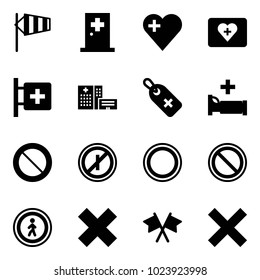 Solid vector icon set - side wind vector, first aid room, heart, kit, hospital building, medical label, bed, prohibition road sign, no parkin odd, pedestrian, delete cross, flags