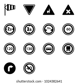 Solid vector icon set - side wind vector, giving way road sign, wild animals, railway intersection, limited width, height, distance, speed limit 60, 120, 130, no bus, dangerous cargo, only right