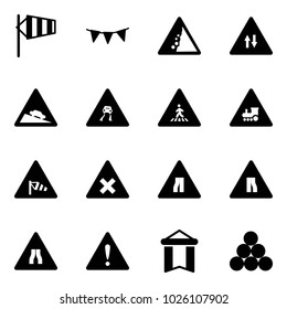 Solid vector icon set - side wind vector, flag garland, landslide road sign, oncoming traffic, steep descent, slippery, pedestrian, railway intersection, narrows, attention, pennant, billiards balls