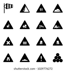 Solid vector icon set - side wind vector, landslide road sign, oncoming traffic, steep descent, wild animals, railway intersection, gravel, narrows, artificial unevenness, attention, billiards balls