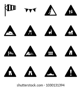 Solid vector icon set - side wind vector, flag garland, landslide road sign, oncoming traffic, steep descent, slippery, wild animals, railway intersection, gravel, narrows, artificial unevenness