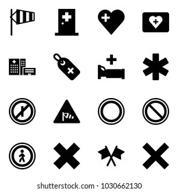 Solid vector icon set - side wind vector, first aid room, heart, kit, hospital building, medical label, bed, ambulance star, no parkin odd, road sign, prohibition, pedestrian, delete cross, flags