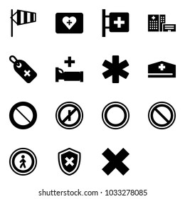 Solid vector icon set - side wind vector, first aid kit, room, hospital building, medical label, bed, ambulance star, doctor hat, prohibition road sign, no parkin odd, pedestrian, shield cross