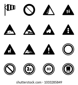 Solid vector icon set - side wind vector, prohibition road sign, landslide, oncoming traffic, climb, embankment, tractor way, light, wild animals, gravel, attention, limited height, speed limit 80